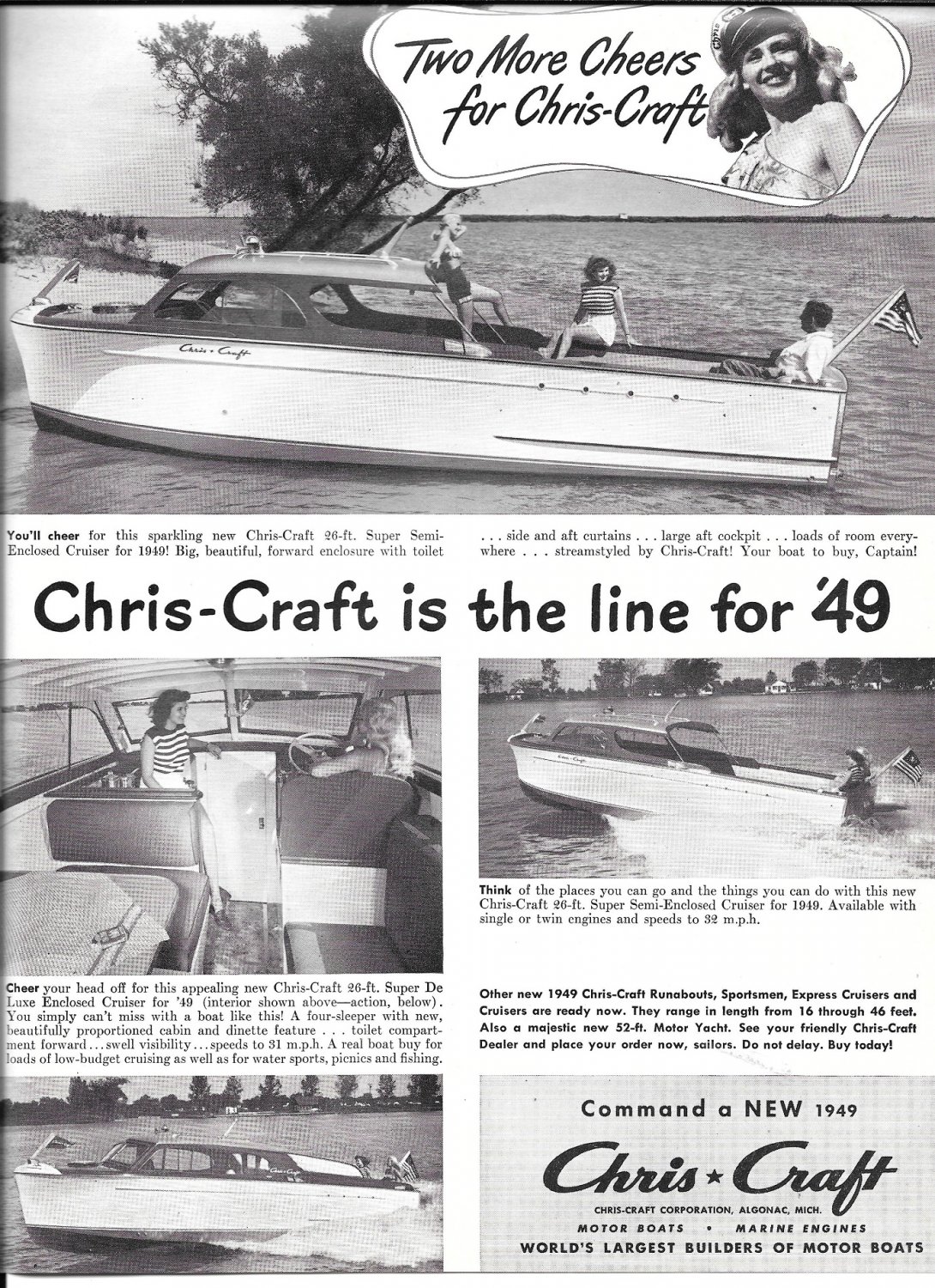 1949 Chris- Craft oats Ad- Nice Photos of 26' Super Semi- Enclosed