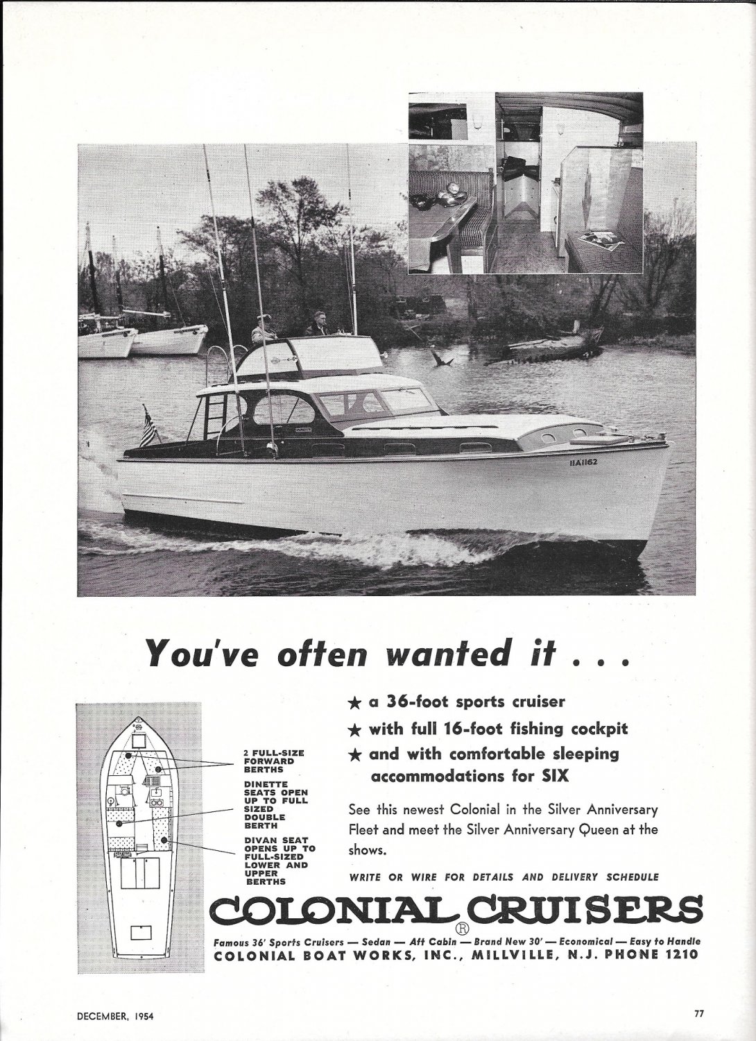 1955 Colonial Cruisers Ad- Nice Photo of 36' Sports Cruiser