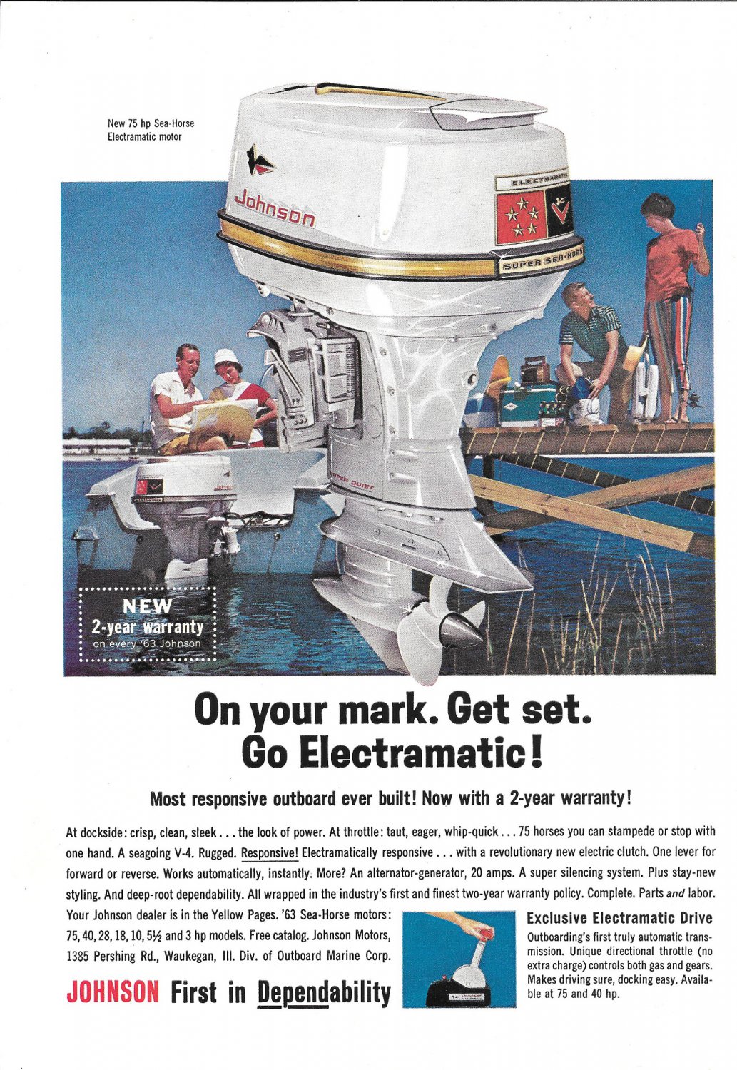 1963 Johnson Super Sea Horse 75 HP. Outboard Motor Color Ad Nice Photo