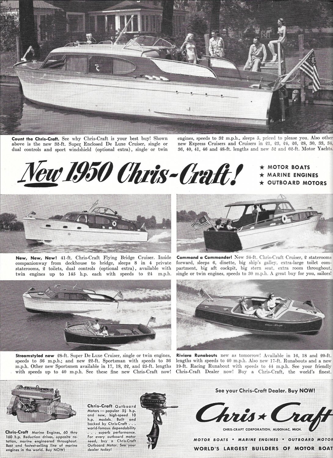 1950 Chris- Craft Boats Ad- Nice Photos of 6 Models