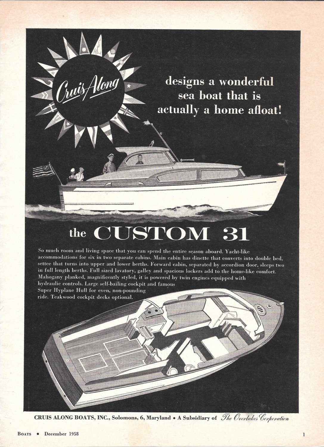 1959 Cruis Along Boats Ad- Drawing Of The Custom 31