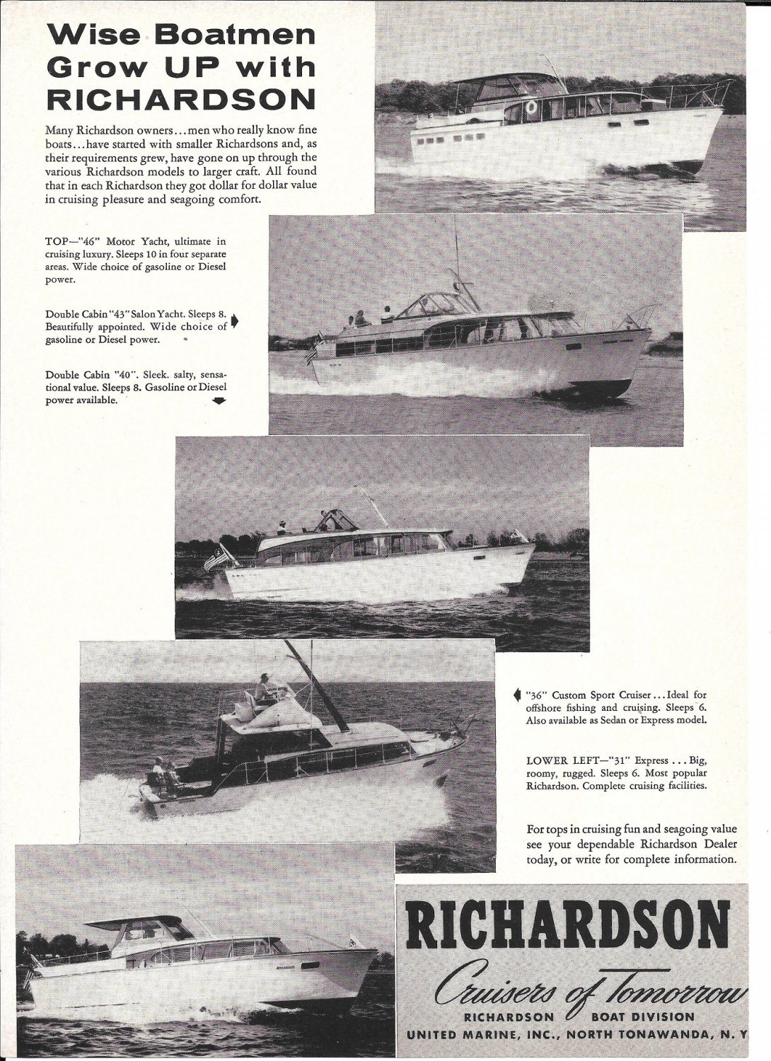 1960 Richardson Boat Company Ad- Photos of 5 Models