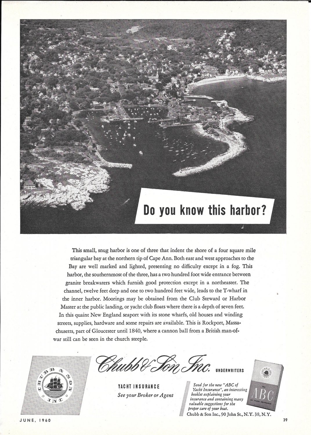 1960 Chubb Insurance Ad Great Photo of Rockport