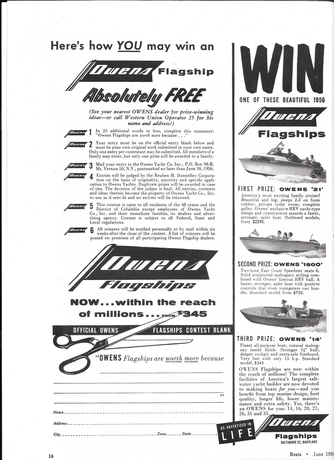 1956 Owens Flagships Boats Ad Photos of 3 Models