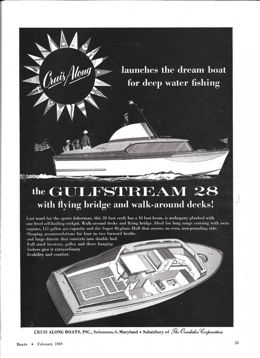 1959 Cruis Along Boats Ad- Drawing of Gulfstream 28