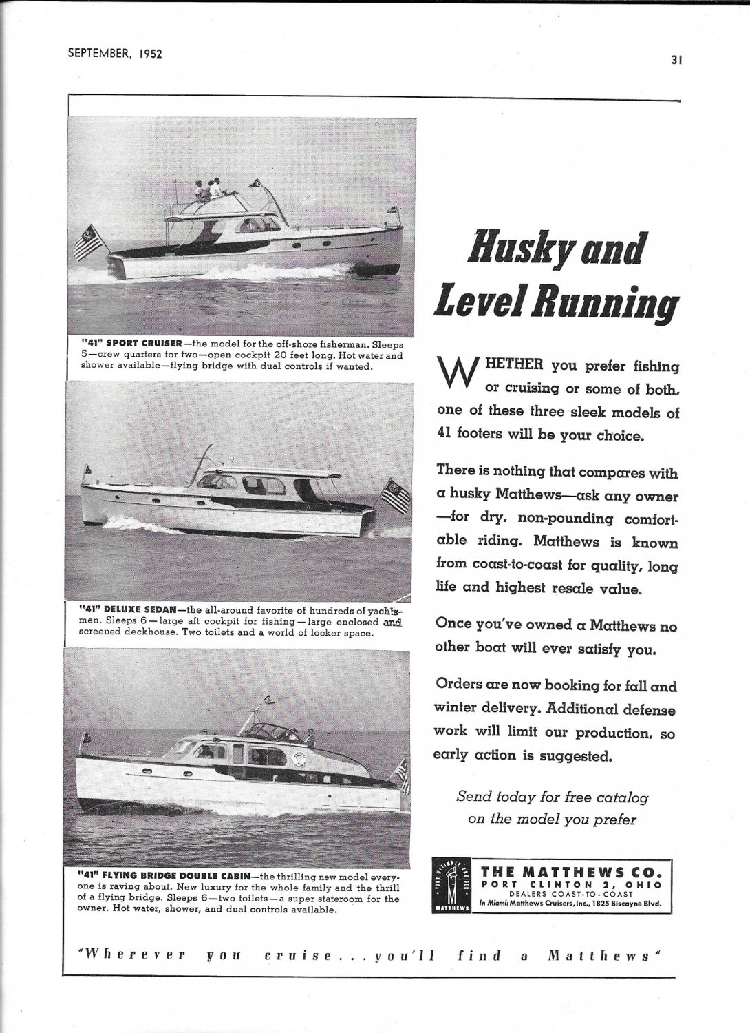 1952 Matthews Yacht Co Ad- Photos of 41' Models
