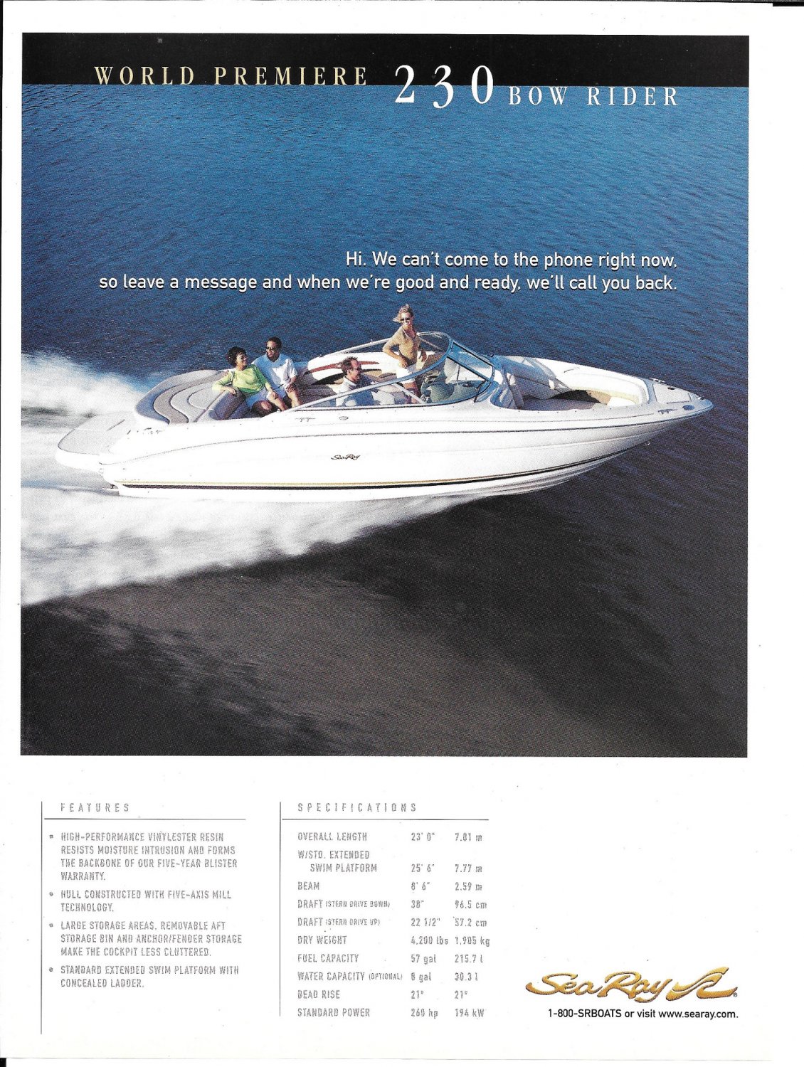 2001 Sea Ray 230 Bowrider Boat Color Ad- Boat Specs & Nice Photo