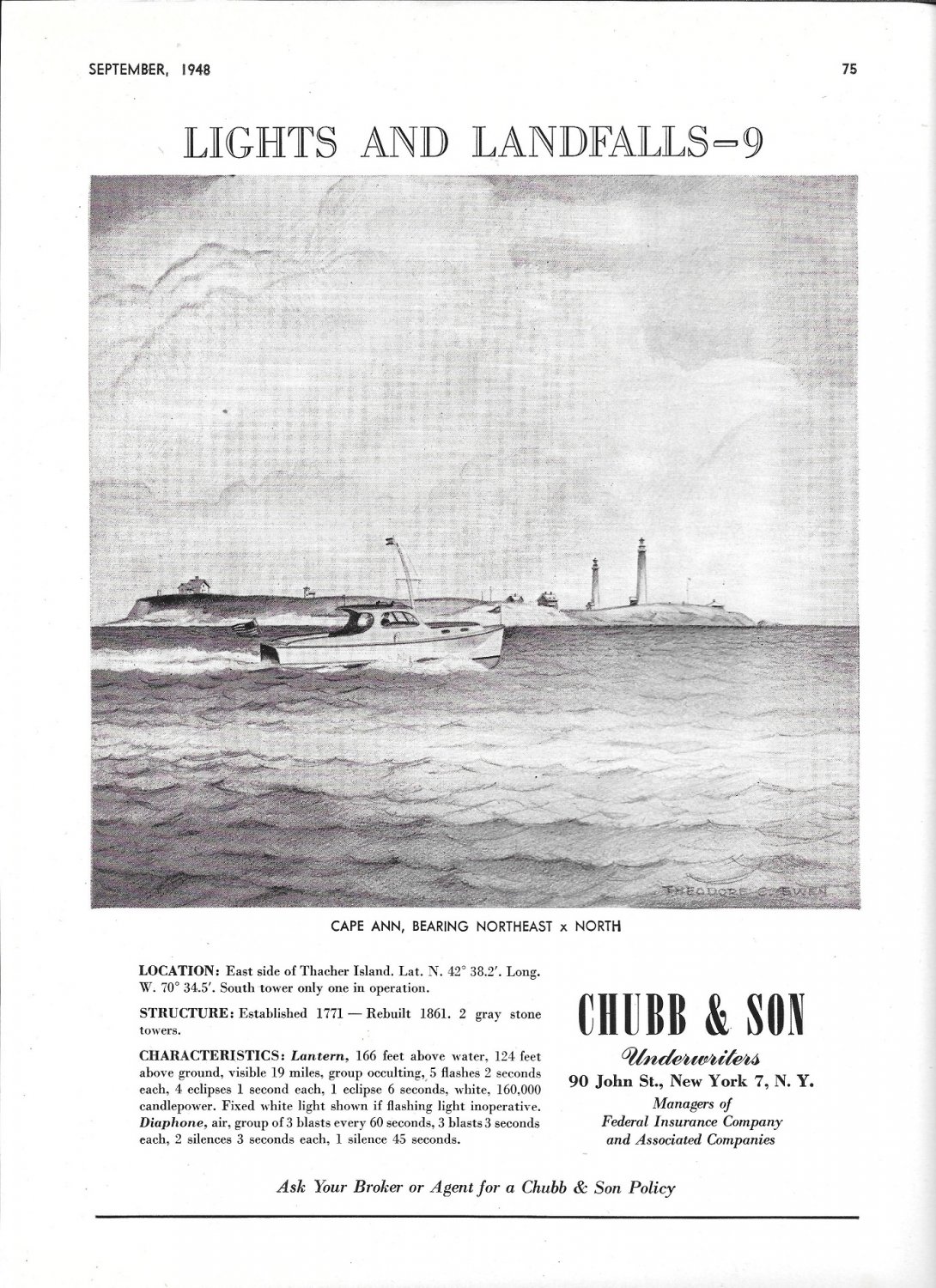 1948 Chubb Insurance Ad- Drawing of Cape Ann