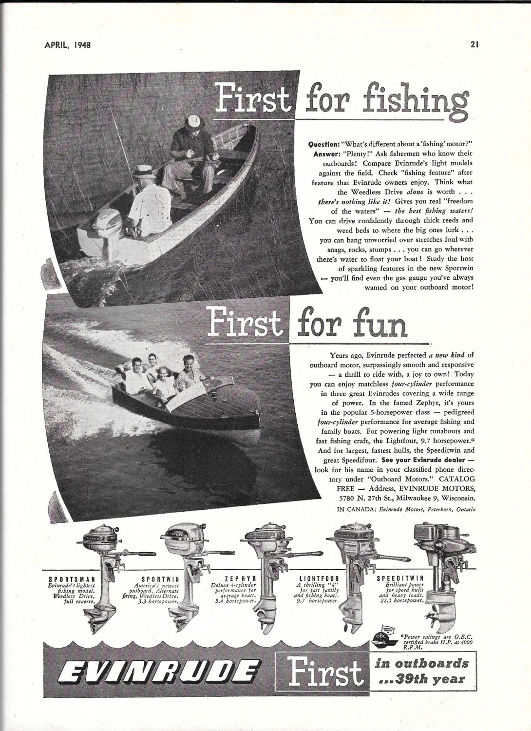 1948 Evinrude Outboard Motors Ad- Photos of 5 Models