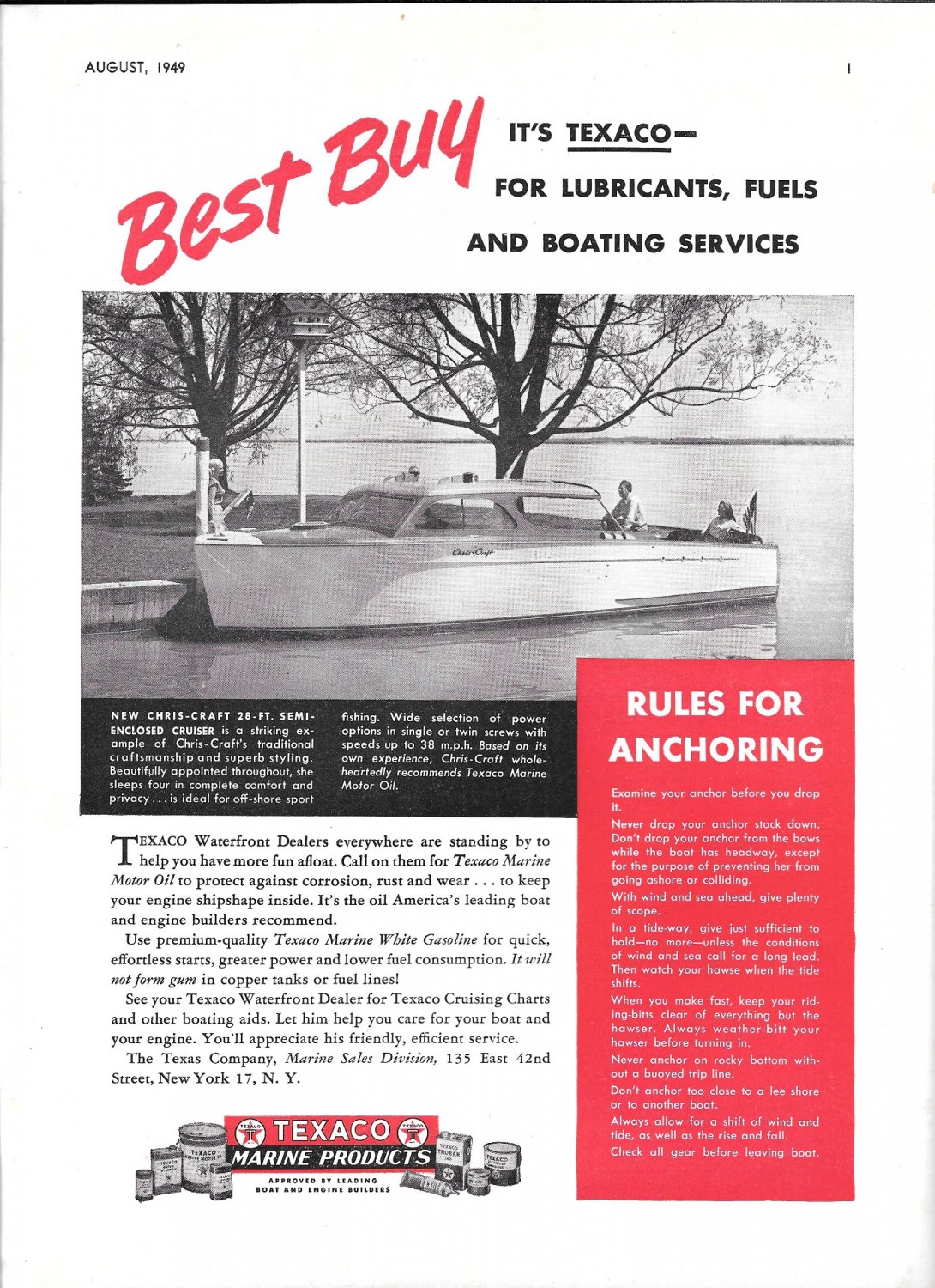 1949 Texaco Marine Ad- Great Photo of Chris- Craft 28' Semi Enclosed Boat