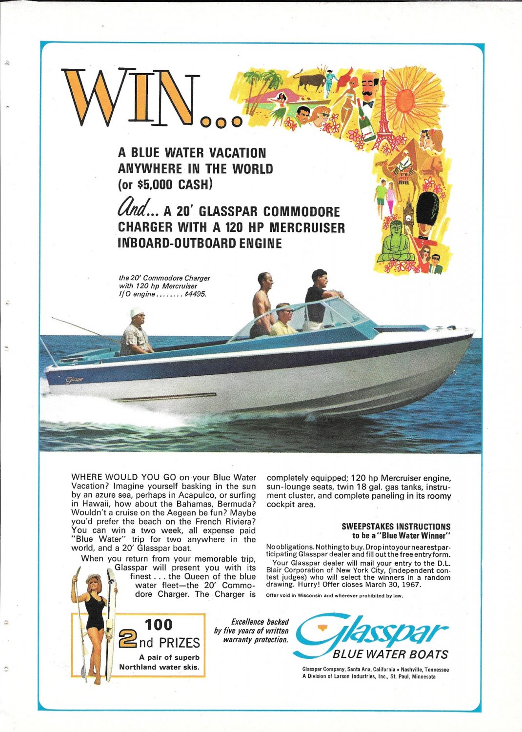 1967 Glasspar 20' Commodore Charger Boat 2 Page Color Ad- Nice Photo