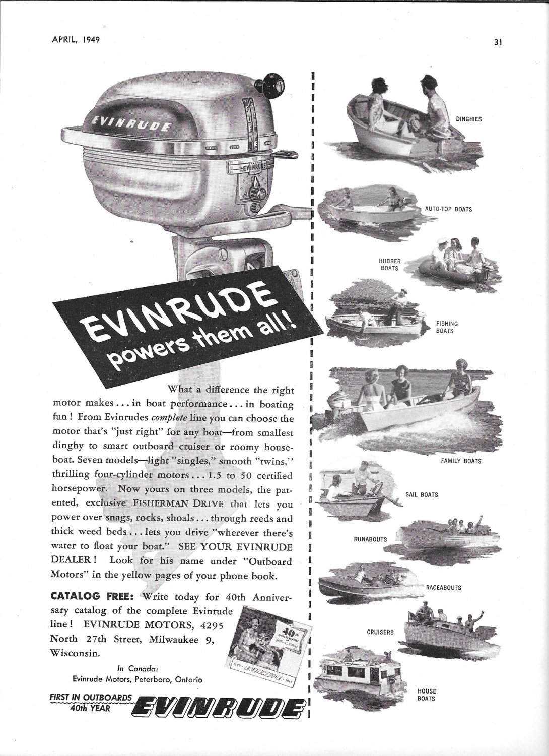 1949 Evinrude Outboard Motors Ad Nice Photos