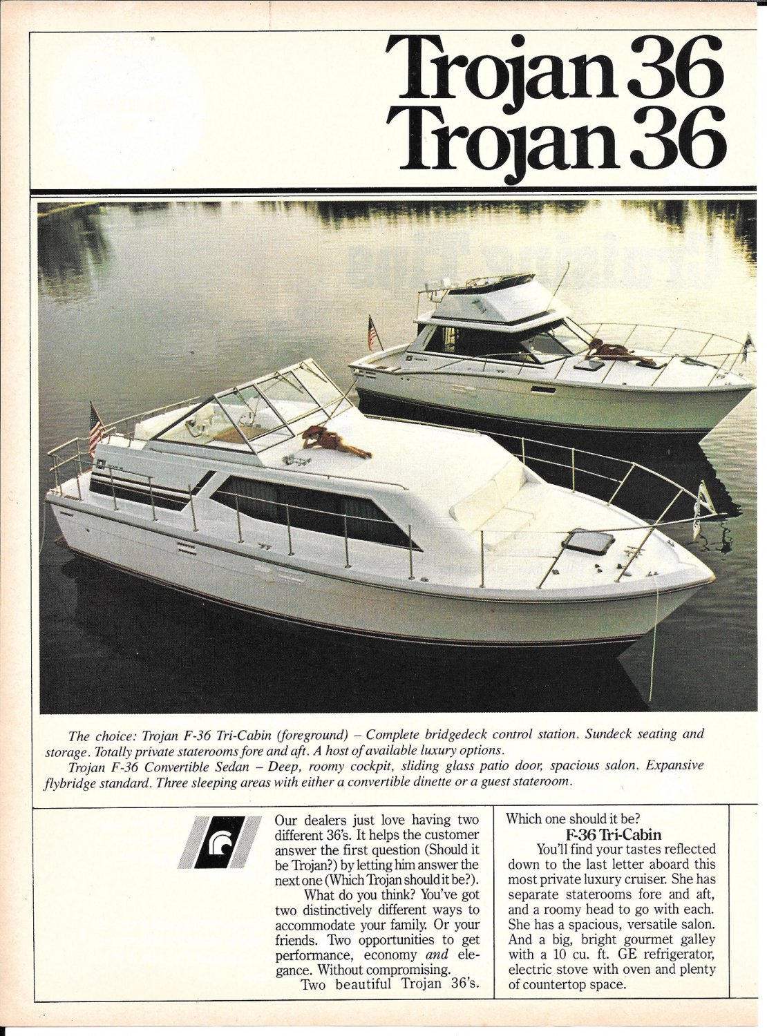 1980 Trojan F-36 Tri- Cabin & F-36 Convertible Yachts 2 Page Color Ad