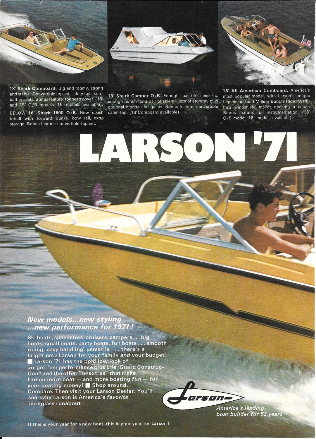 1971 Larson Boat Co 2 Page Color Ad- Nice Photo of 6 Models