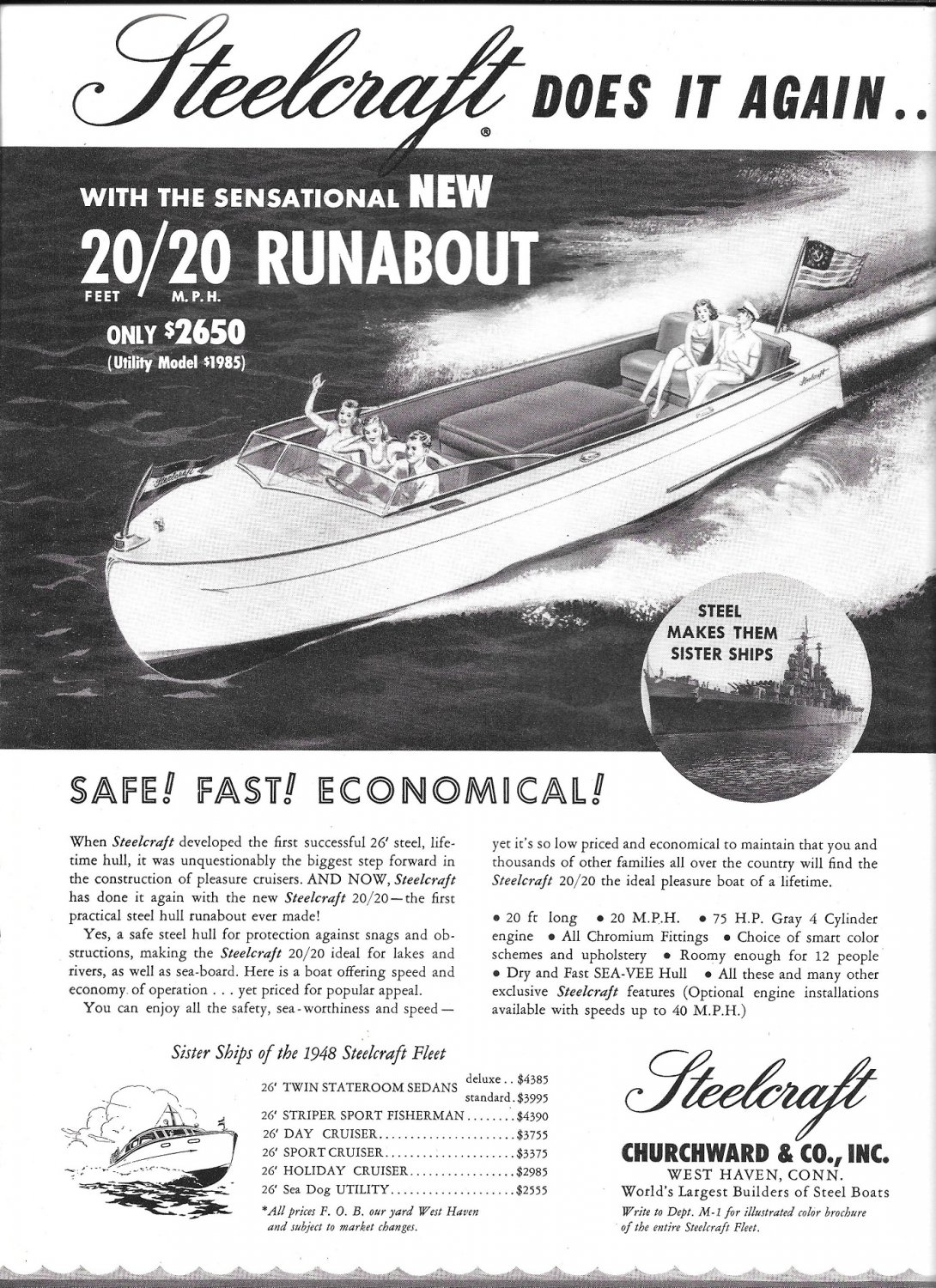 1948 Steelcraft 20/ 20 Runabout Boat Ad Nice Drawing