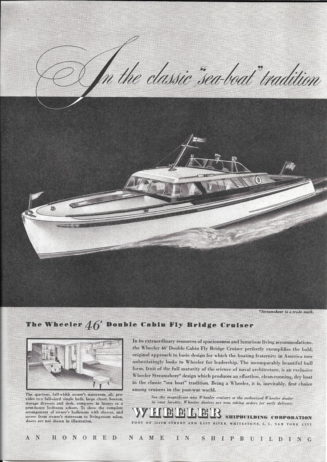 1946 Wheeler Shipbuilding Corp 46' Double Cabin Fly Bridge Cruiser Ad- Nice Drawing