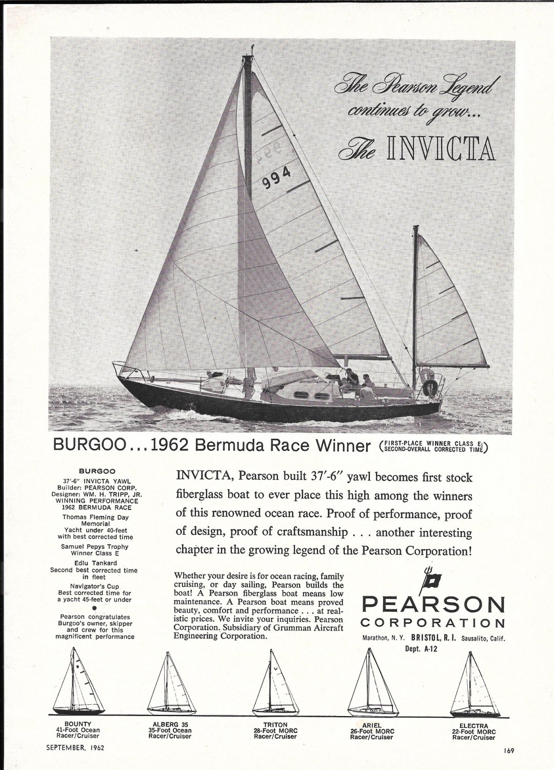 1962 Pearson Invicta Sailboat Ad- Nice Photo