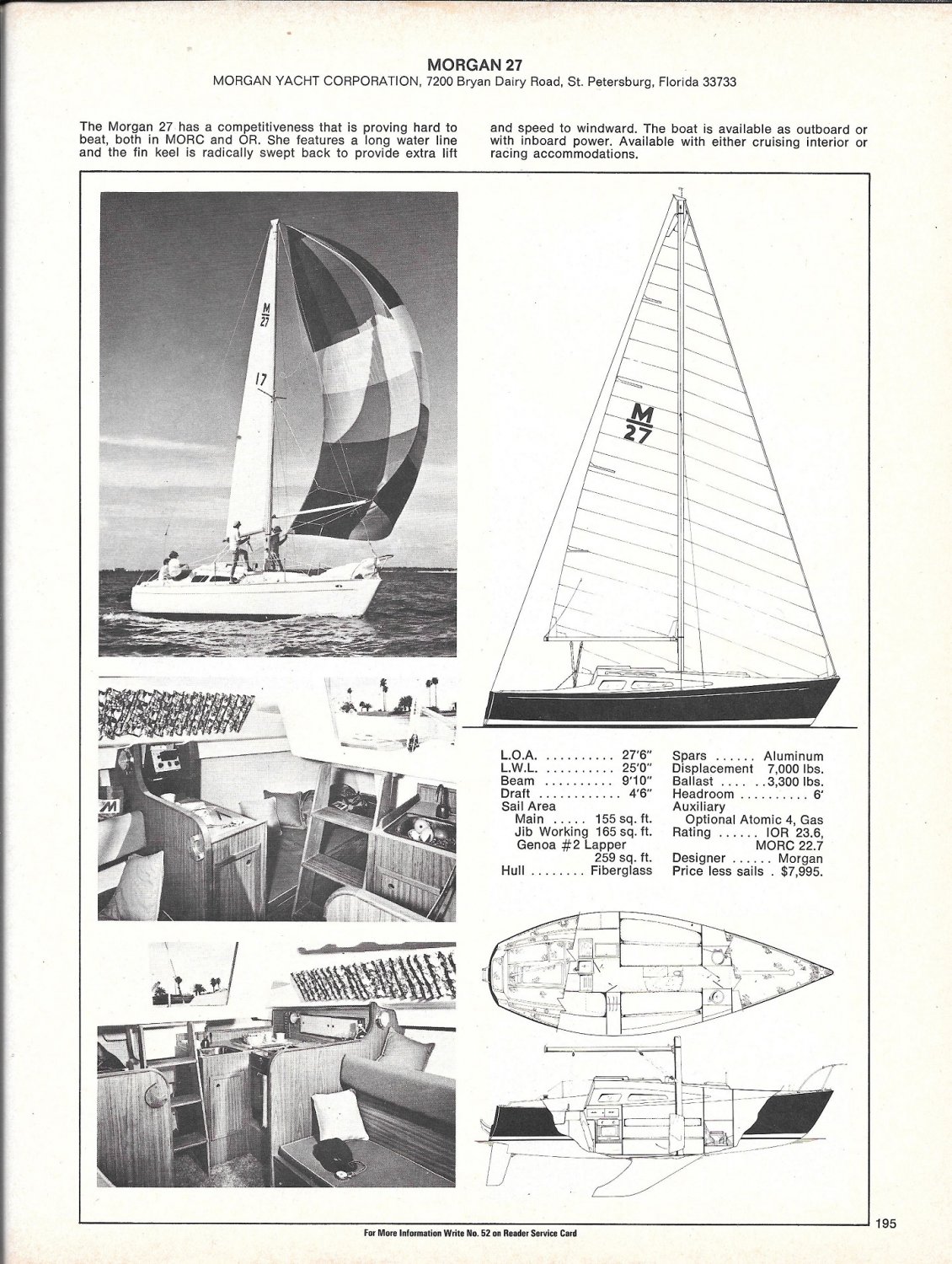 Old Morgan 27 Sailboat Ad- Boat Specs- Photo & Drawing