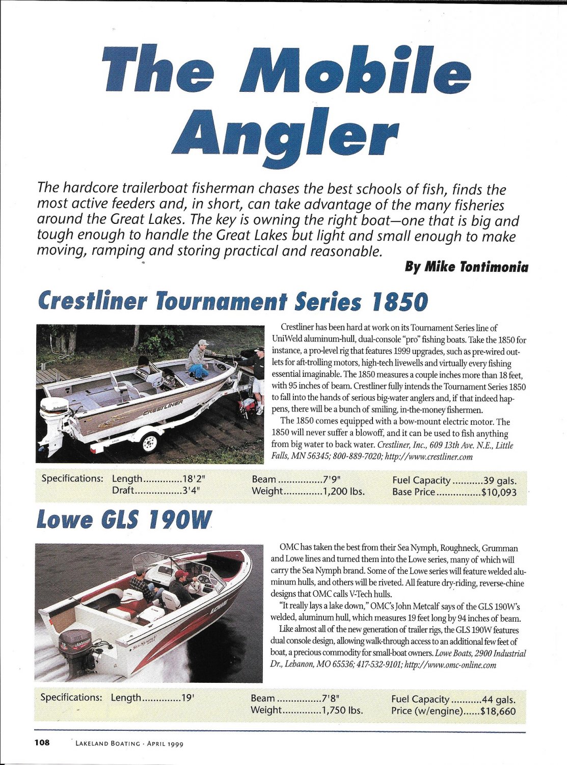 1999 Crestliner 1850 & Lowe GLS 190W New Boats Color Ad- Boat Specs & Photo