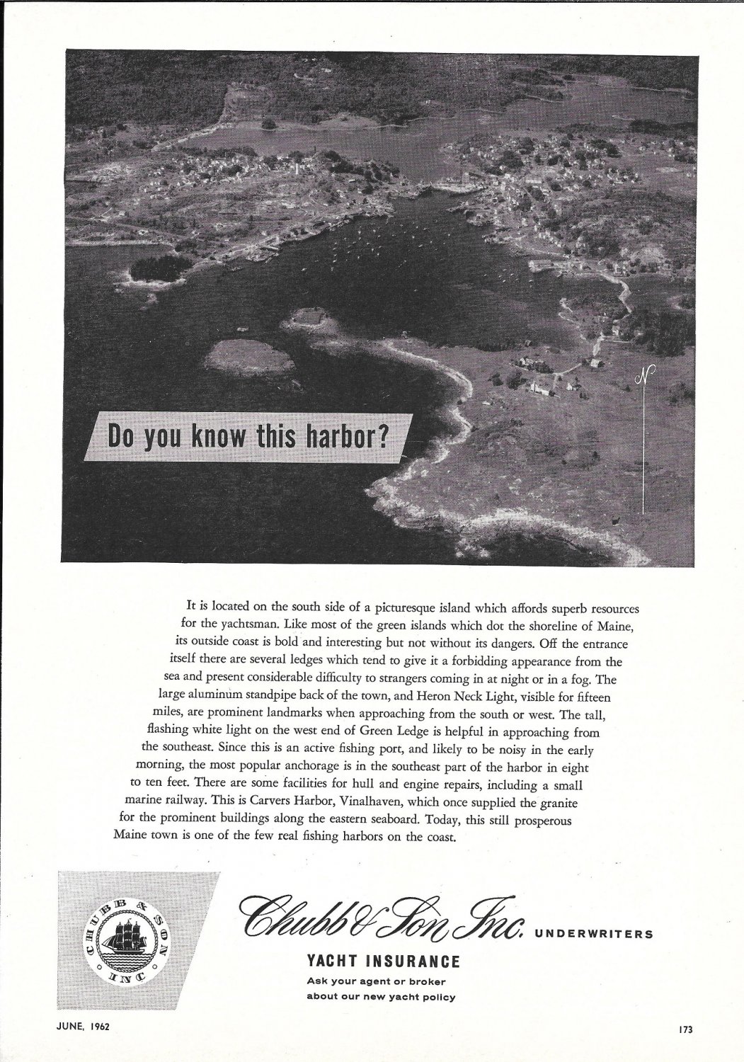 1962 Chubb Insurance Ad- Nice Photo Carvers Harbor, Vinalhaven Maine