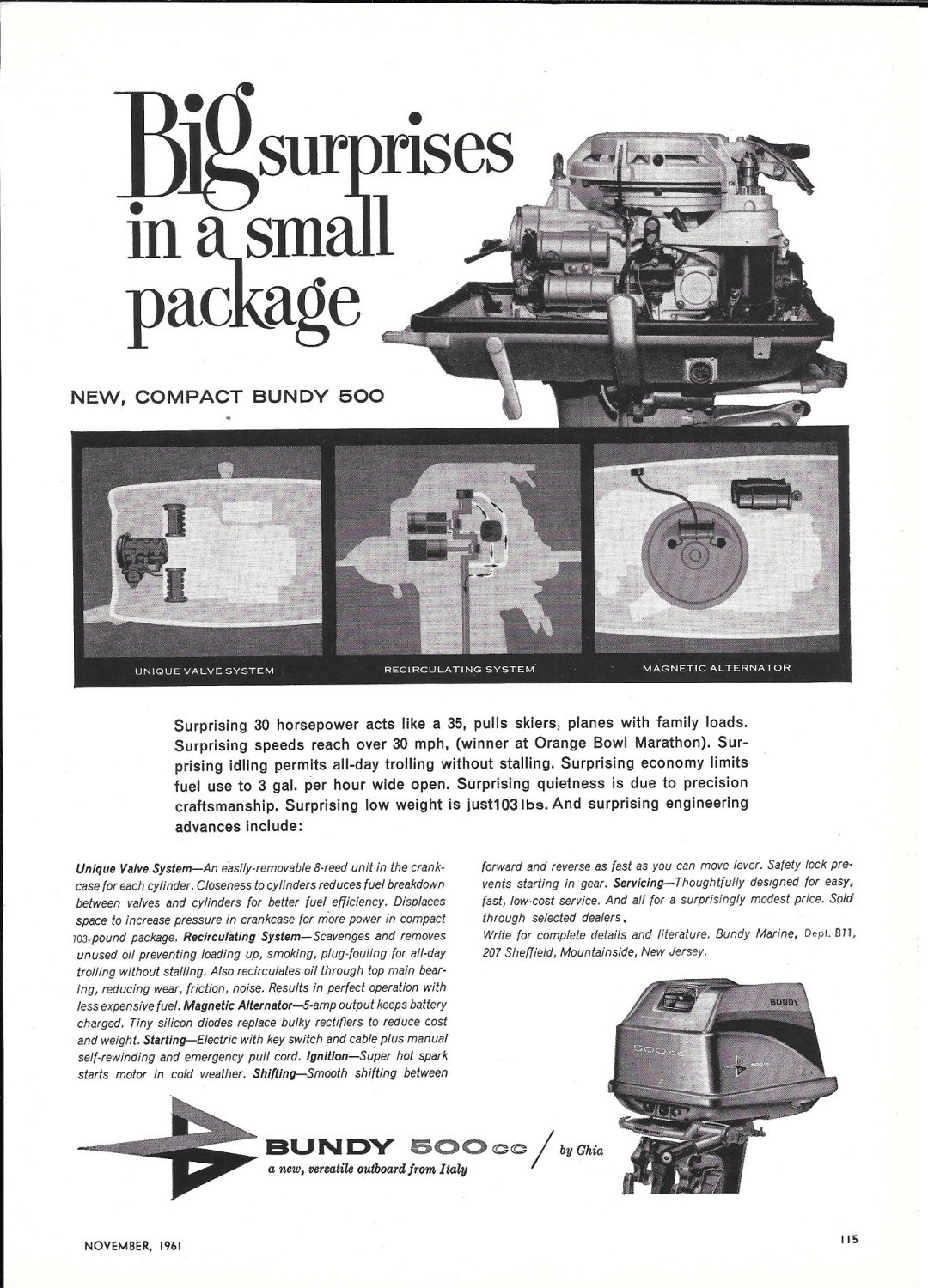 1961 Bundy Marine 500 cc Outboard Motor Ad Nice Photo