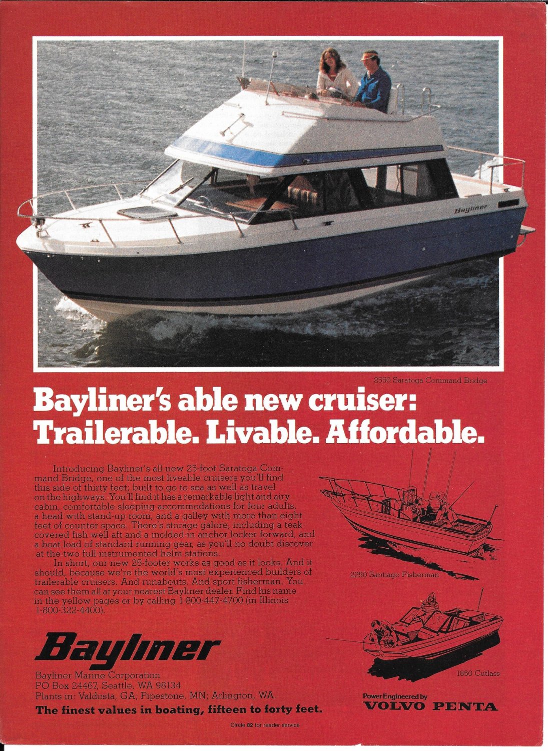 1978 Bayliner Marine 2550 Saratoga Command Bridge Yacht Color Ad- Nice Photo