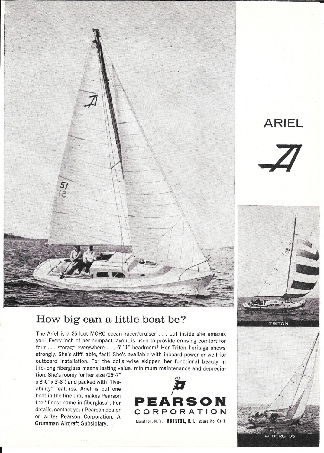 1963 Pearson Ariel 26' Sailboat Ad- Nice Photo