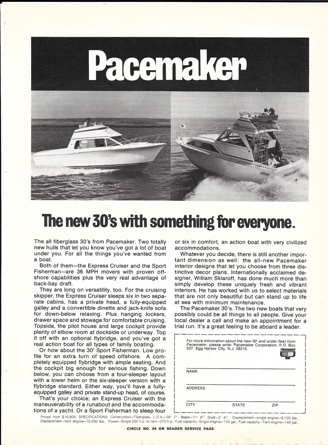 1973 Pacemaker 30' Boats Ad- Nice Photo