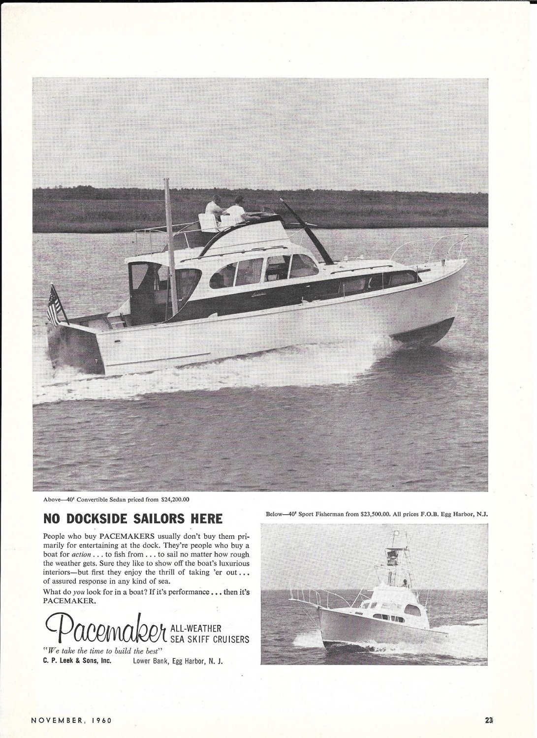 1960 Pacemaker Sea Skiff Cruisers Ad- Nice Photo 40' Convertible Sedan