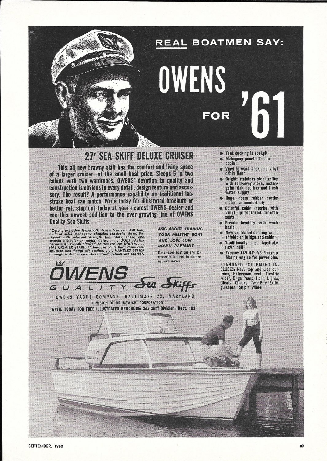 1961 Owens Yachts 27' Sea Skiff Deluxe Cruiser Ad- Nice Photo