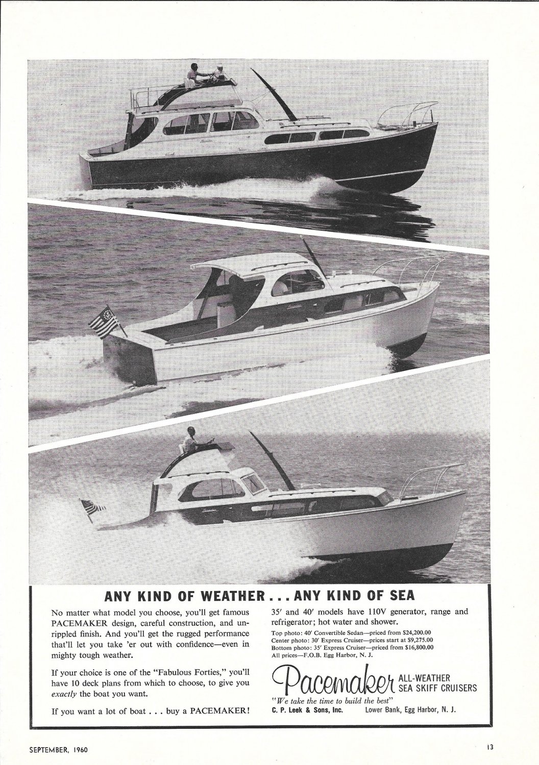 1960 Pacemaker Sea Skiff Cruisers Ad- Nice Photo of 3 Models