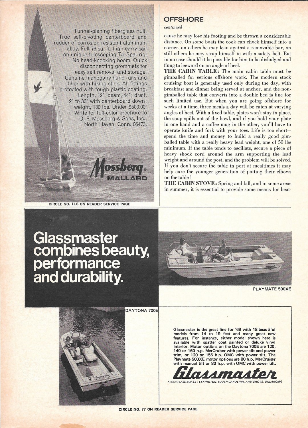 1969 Glassmaster Boats Ad- Photo of Daytona 700E & Playmate 500XE