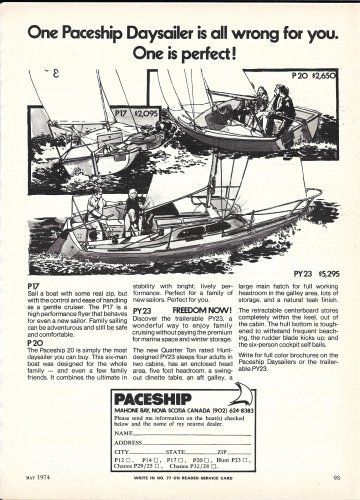 1974 Paceship Sailboats Ad- Drawing of P 20 & PY 23