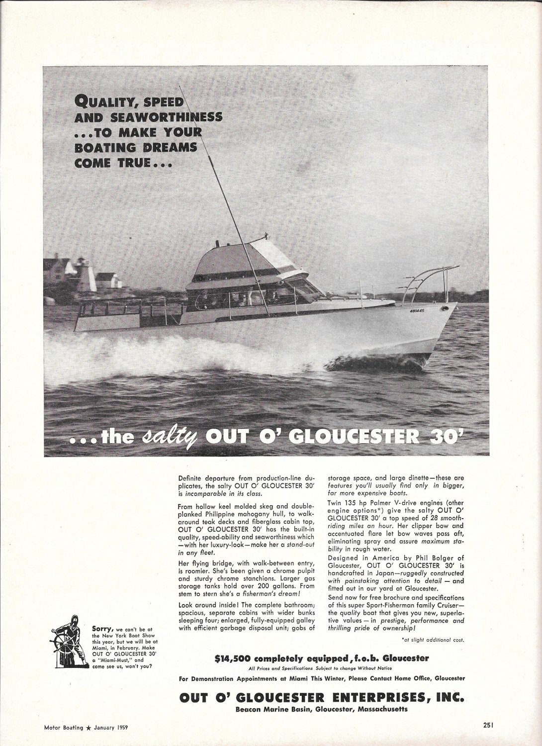 1959 Out O' Gloucester 30' Yacht Ad- Nice Photo