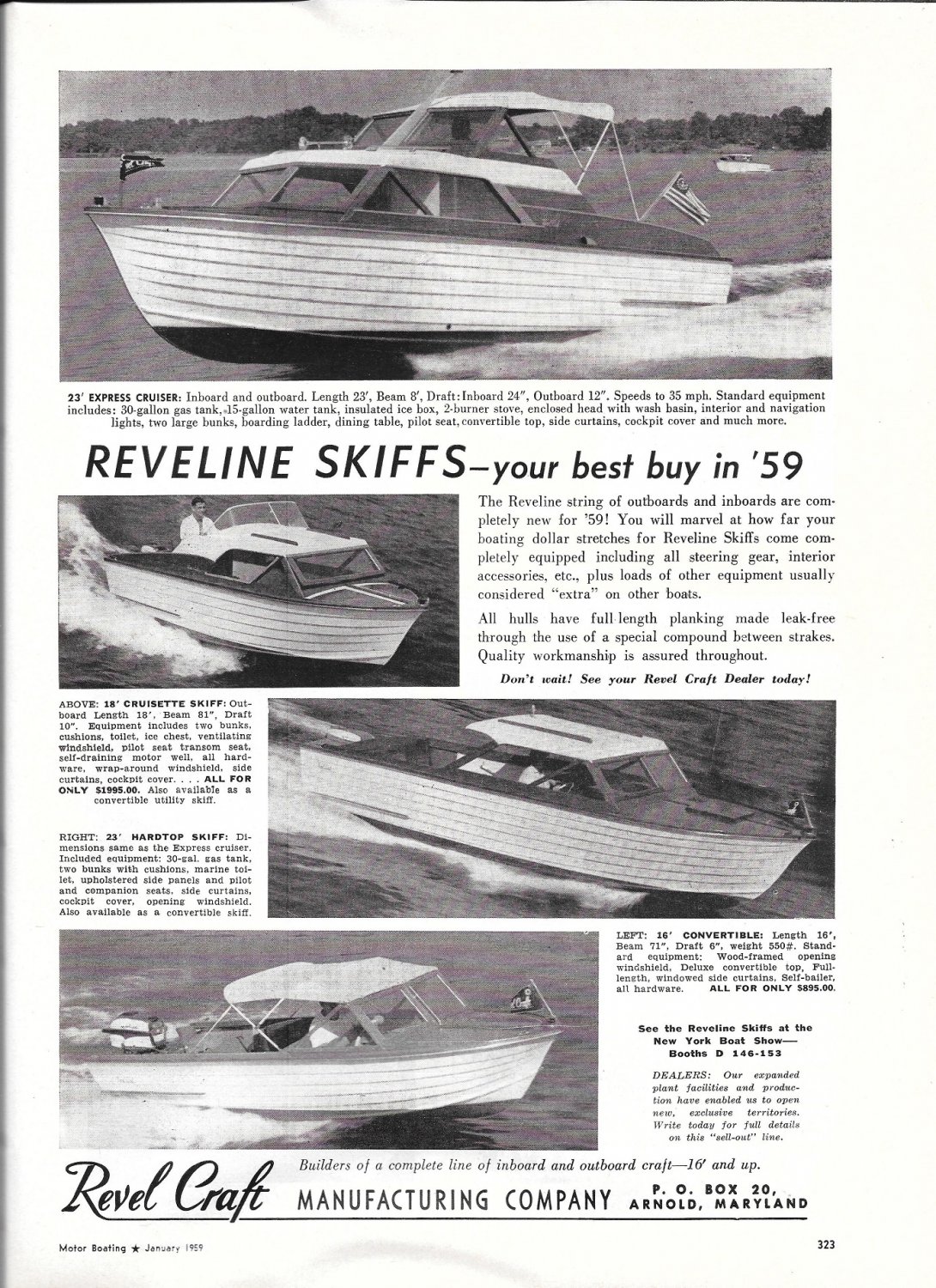 1959 Revel Craft Reveline Skiffs Ad- Nice Photo of 4 Models