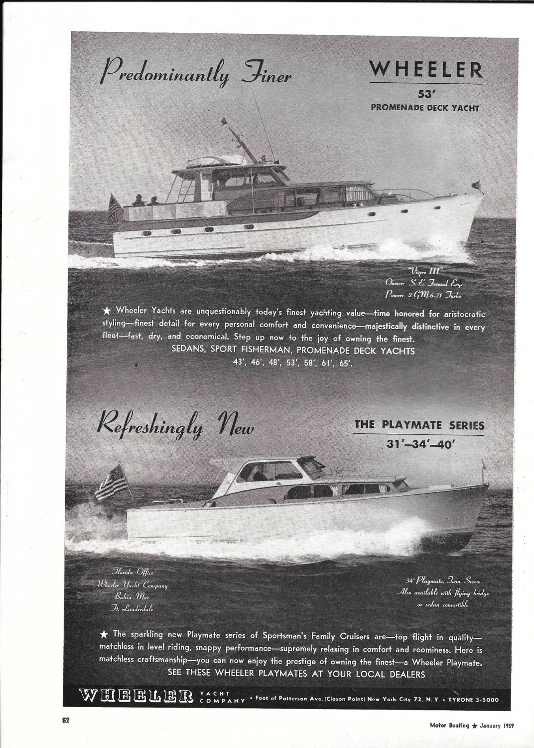 1959 Wheeler Yacht Co Ad- Nice Photo 53' & 34' Models