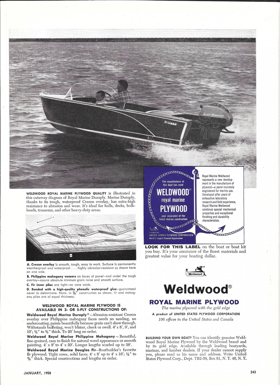 1958 HiLiner Boat Featured in Weldwood Plywood Ad- Nice Photo