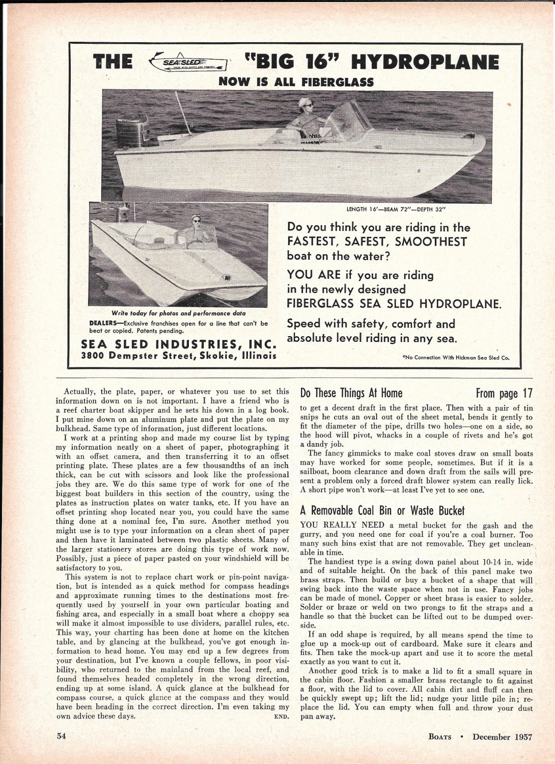 1958 Sea Sled "Big 16" Hydroplane Boat Ad- Nice Photo