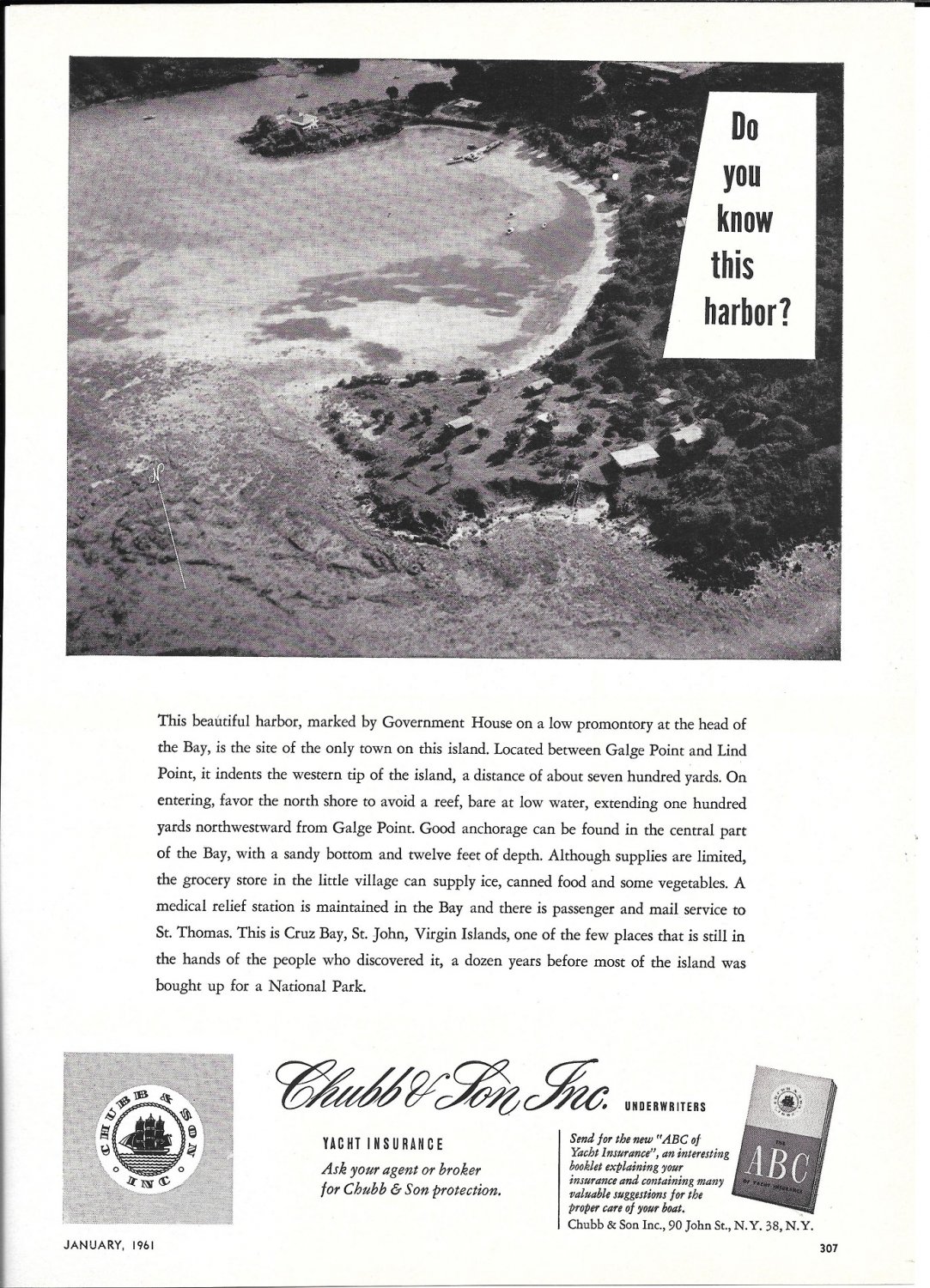 1961 Chubb Insurance Ad- Nice Photo Cruz Bay, Virgin Islands