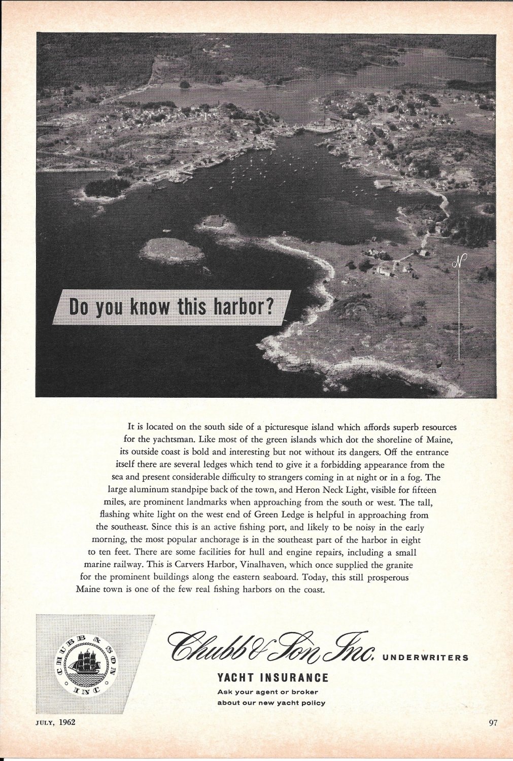1962 Chubb Insurance Ad- Nice Photo Carvers Harbor, Vinalhaven, Maine