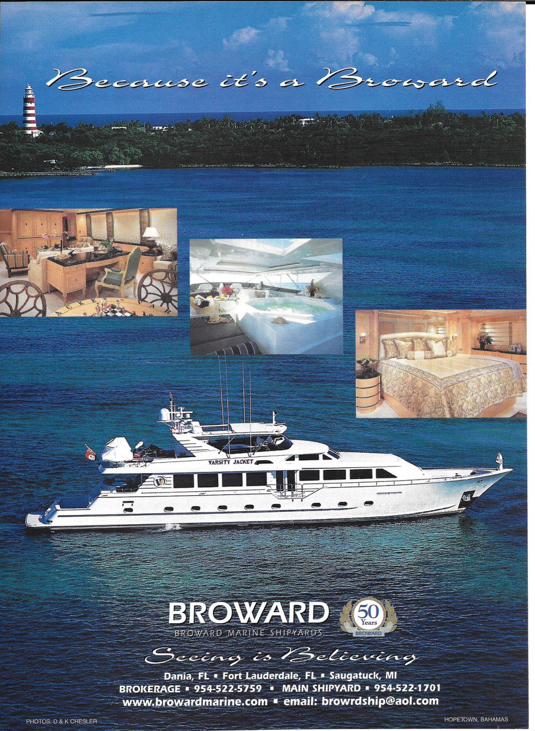 1999 Broward Marine Shipyards Color Ad- Nice Photo Yacht "Varsity Jacket"