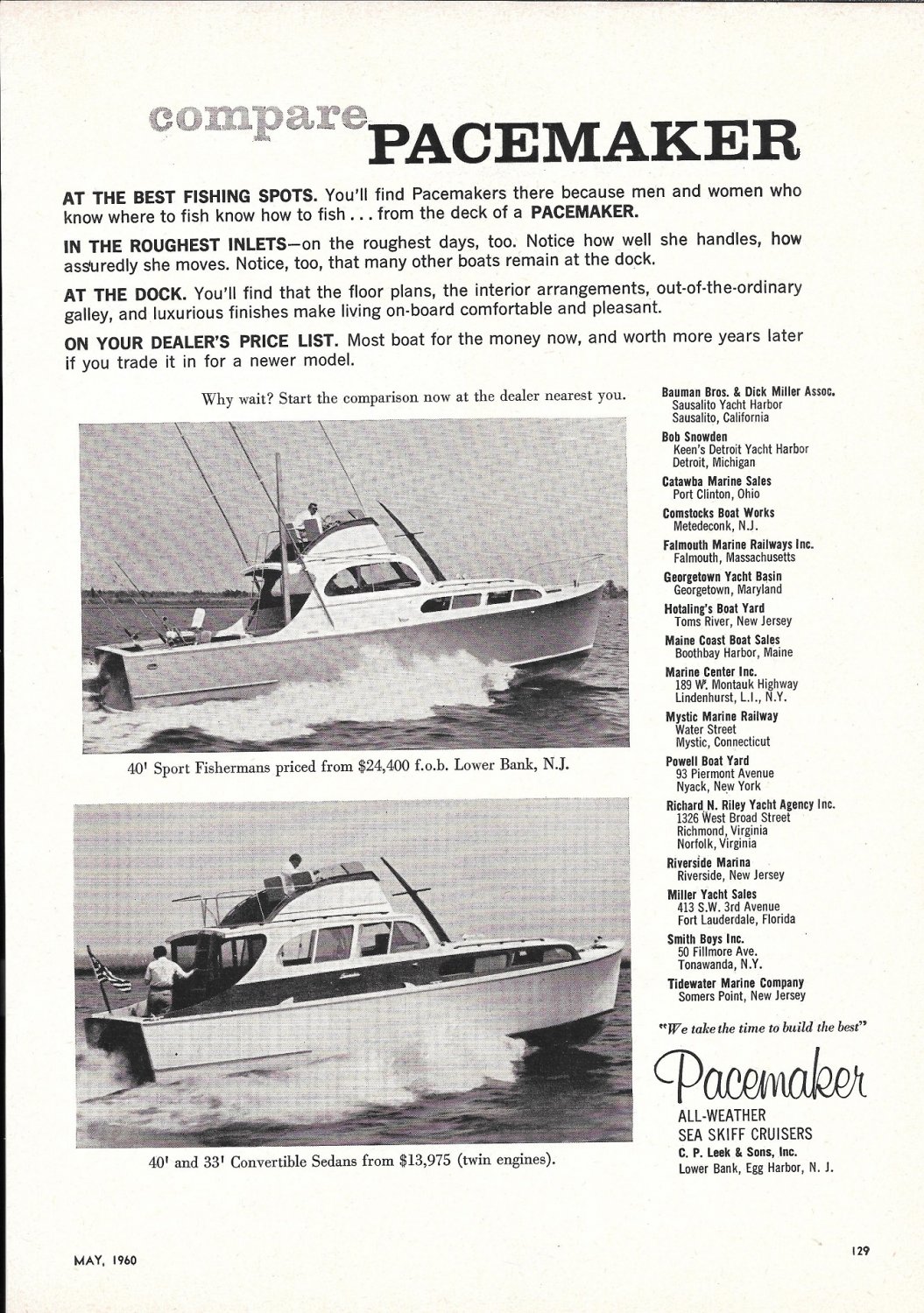 1960 Pacemaker All- Weather Sea Skiff Cruisers Ad- Photo of 40 & 33 Models