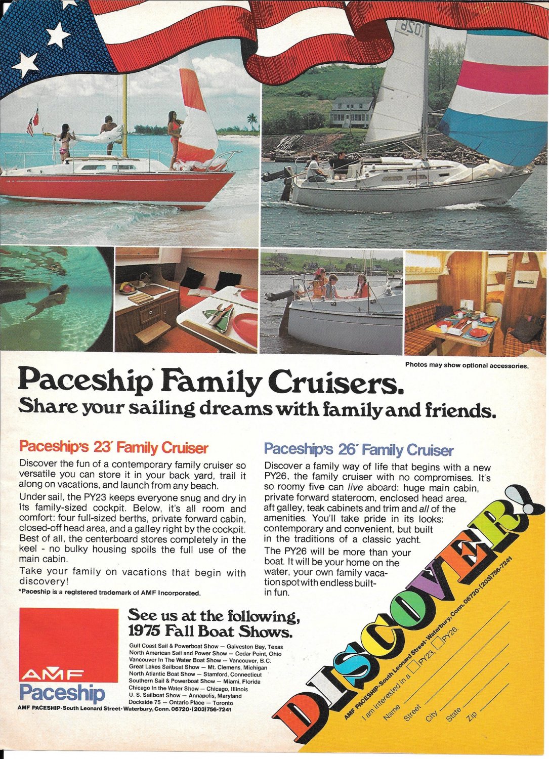 1975 AMF Paceship 23 & 26 Sailboats & Alden 58 Sailboat 2 Pg Double Ad