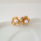 Gold Dimensional Flower Imitation Pearl Stud Earrings
