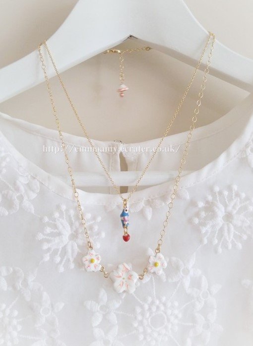 Double Elegant White Flower Bird Enamel Necklace