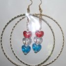 Gold Hoop Red White and Blue Heart Dangly Ear Rings