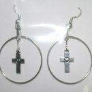 Silver Hoop Cross Dangly Ear Rings