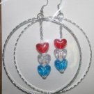 Silver Hoop Red White and Blue Heart Dangly Ear Rings