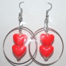 Small Silver Hoop with hanging red hearts Ear Rings