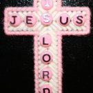 Cross Magnet in Pink and White (Jesus is Lord) written in beads with Poem of Rainbow's End